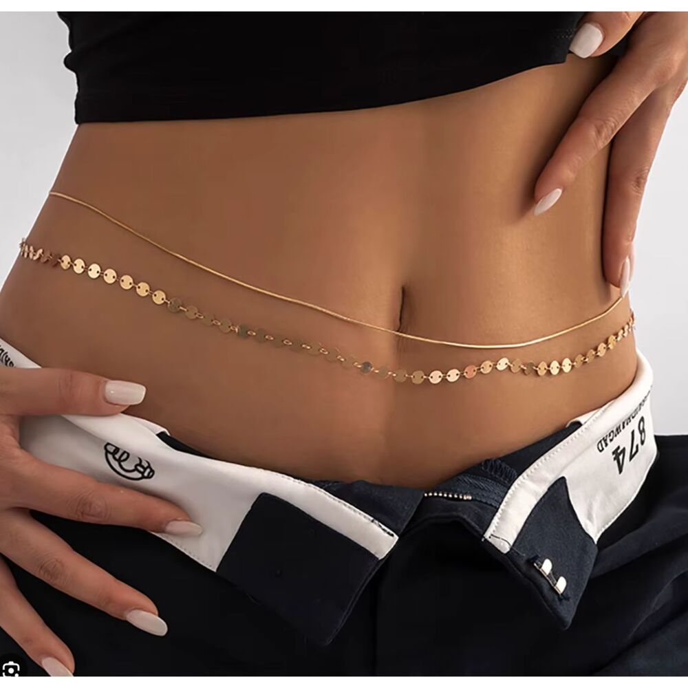 2 Gold Metal Waist Belly Chain Belts, Sequin, Circles and Brushed Discs Jewelry